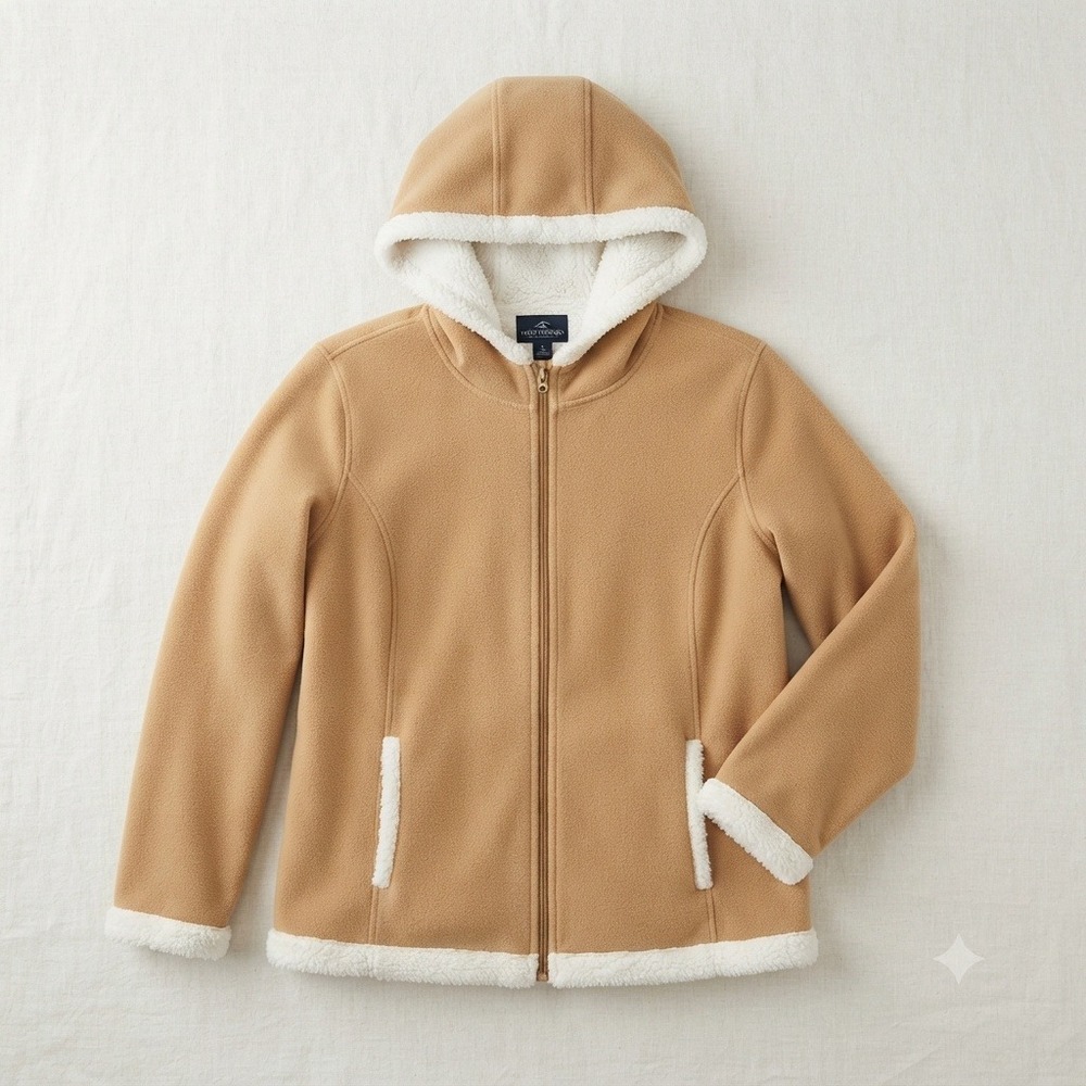 Faded Glory Sherpa Lined Fleece Jacket Hooded Zip Up Tan Dune 1X
